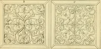 An illustration from The city and country builder's and workman's treasury of designs : or, The art of drawing and working the ornamental parts of architecture. Illustrated by upwards of four hundred grand designs, neatly engraved one hundred and eighty-fix Copper plates, for piers, gates, doors, windowns, niches, buffets, cisterns, chimney pieces, tabernacle frames, pavements, frets, gulochi's, pulpits, types, altar pieces, monuments, fonts, obelisques, pedestals, for sun-dials, busto's and stone tables, book-cafes, cielings and iron works ; proprortioned by Aliquot Pars ; with an appendix of fourteen plates of strusses for girders and beams, different sorts of rafters, and a variety of roofs, &c ; to which are prefix'd the five orders of columns, according to Andrea Palladio ; whose members are apportioned by Aliquot Pars, in a more easy manner, than has yet been done ; the whole interspersed with sure rules for working all the varieties of raking members in pediments, modilions, &c. the like, for the immediate use of workmen, never published before in any language (1741)