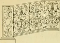 An illustration from The city and country builder's and workman's treasury of designs : or, The art of drawing and working the ornamental parts of architecture. Illustrated by upwards of four hundred grand designs, neatly engraved one hundred and eighty-fix Copper plates, for piers, gates, doors, windowns, niches, buffets, cisterns, chimney pieces, tabernacle frames, pavements, frets, gulochi's, pulpits, types, altar pieces, monuments, fonts, obelisques, pedestals, for sun-dials, busto's and stone tables, book-cafes, cielings and iron works ; proprortioned by Aliquot Pars ; with an appendix of fourteen plates of strusses for girders and beams, different sorts of rafters, and a variety of roofs, &c ; to which are prefix'd the five orders of columns, according to Andrea Palladio ; whose members are apportioned by Aliquot Pars, in a more easy manner, than has yet been done ; the whole interspersed with sure rules for working all the varieties of raking members in pediments, modilions, &c. the like, for the immediate use of workmen, never published before in any language (1741)