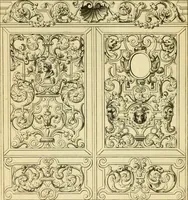 An illustration from The city and country builder's and workman's treasury of designs : or, The art of drawing and working the ornamental parts of architecture. Illustrated by upwards of four hundred grand designs, neatly engraved one hundred and eighty-fix Copper plates, for piers, gates, doors, windowns, niches, buffets, cisterns, chimney pieces, tabernacle frames, pavements, frets, gulochi's, pulpits, types, altar pieces, monuments, fonts, obelisques, pedestals, for sun-dials, busto's and stone tables, book-cafes, cielings and iron works ; proprortioned by Aliquot Pars ; with an appendix of fourteen plates of strusses for girders and beams, different sorts of rafters, and a variety of roofs, &c ; to which are prefix'd the five orders of columns, according to Andrea Palladio ; whose members are apportioned by Aliquot Pars, in a more easy manner, than has yet been done ; the whole interspersed with sure rules for working all the varieties of raking members in pediments, modilions, &c. the like, for the immediate use of workmen, never published before in any language (1741)