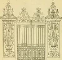 An illustration from The city and country builder's and workman's treasury of designs : or, The art of drawing and working the ornamental parts of architecture. Illustrated by upwards of four hundred grand designs, neatly engraved one hundred and eighty-fix Copper plates, for piers, gates, doors, windowns, niches, buffets, cisterns, chimney pieces, tabernacle frames, pavements, frets, gulochi's, pulpits, types, altar pieces, monuments, fonts, obelisques, pedestals, for sun-dials, busto's and stone tables, book-cafes, cielings and iron works ; proprortioned by Aliquot Pars ; with an appendix of fourteen plates of strusses for girders and beams, different sorts of rafters, and a variety of roofs, &c ; to which are prefix'd the five orders of columns, according to Andrea Palladio ; whose members are apportioned by Aliquot Pars, in a more easy manner, than has yet been done ; the whole interspersed with sure rules for working all the varieties of raking members in pediments, modilions, &c. the like, for the immediate use of workmen, never published before in any language (1741)