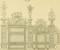 An illustration from The city and country builder's and workman's treasury of designs : or, The art of drawing and working the ornamental parts of architecture. Illustrated by upwards of four hundred grand designs, neatly engraved one hundred and eighty-fix Copper plates, for piers, gates, doors, windowns, niches, buffets, cisterns, chimney pieces, tabernacle frames, pavements, frets, gulochi's, pulpits, types, altar pieces, monuments, fonts, obelisques, pedestals, for sun-dials, busto's and stone tables, book-cafes, cielings and iron works ; proprortioned by Aliquot Pars ; with an appendix of fourteen plates of strusses for girders and beams, different sorts of rafters, and a variety of roofs, &c ; to which are prefix'd the five orders of columns, according to Andrea Palladio ; whose members are apportioned by Aliquot Pars, in a more easy manner, than has yet been done ; the whole interspersed with sure rules for working all the varieties of raking members in pediments, modilions, &c. the like, for the immediate use of workmen, never published before in any language (1741)