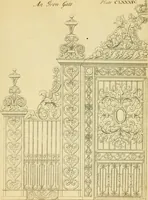 An illustration from The city and country builder's and workman's treasury of designs : or, The art of drawing and working the ornamental parts of architecture. Illustrated by upwards of four hundred grand designs, neatly engraved one hundred and eighty-fix Copper plates, for piers, gates, doors, windowns, niches, buffets, cisterns, chimney pieces, tabernacle frames, pavements, frets, gulochi's, pulpits, types, altar pieces, monuments, fonts, obelisques, pedestals, for sun-dials, busto's and stone tables, book-cafes, cielings and iron works ; proprortioned by Aliquot Pars ; with an appendix of fourteen plates of strusses for girders and beams, different sorts of rafters, and a variety of roofs, &c ; to which are prefix'd the five orders of columns, according to Andrea Palladio ; whose members are apportioned by Aliquot Pars, in a more easy manner, than has yet been done ; the whole interspersed with sure rules for working all the varieties of raking members in pediments, modilions, &c. the like, for the immediate use of workmen, never published before in any language (1741)