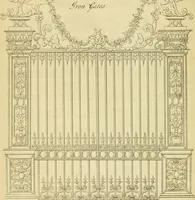 An illustration from The city and country builder's and workman's treasury of designs : or, The art of drawing and working the ornamental parts of architecture. Illustrated by upwards of four hundred grand designs, neatly engraved one hundred and eighty-fix Copper plates, for piers, gates, doors, windowns, niches, buffets, cisterns, chimney pieces, tabernacle frames, pavements, frets, gulochi's, pulpits, types, altar pieces, monuments, fonts, obelisques, pedestals, for sun-dials, busto's and stone tables, book-cafes, cielings and iron works ; proprortioned by Aliquot Pars ; with an appendix of fourteen plates of strusses for girders and beams, different sorts of rafters, and a variety of roofs, &c ; to which are prefix'd the five orders of columns, according to Andrea Palladio ; whose members are apportioned by Aliquot Pars, in a more easy manner, than has yet been done ; the whole interspersed with sure rules for working all the varieties of raking members in pediments, modilions, &c. the like, for the immediate use of workmen, never published before in any language (1741)