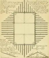 An illustration from The city and country builder's and workman's treasury of designs : or, The art of drawing and working the ornamental parts of architecture. Illustrated by upwards of four hundred grand designs, neatly engraved one hundred and eighty-fix Copper plates, for piers, gates, doors, windowns, niches, buffets, cisterns, chimney pieces, tabernacle frames, pavements, frets, gulochi's, pulpits, types, altar pieces, monuments, fonts, obelisques, pedestals, for sun-dials, busto's and stone tables, book-cafes, cielings and iron works ; proprortioned by Aliquot Pars ; with an appendix of fourteen plates of strusses for girders and beams, different sorts of rafters, and a variety of roofs, &c ; to which are prefix'd the five orders of columns, according to Andrea Palladio ; whose members are apportioned by Aliquot Pars, in a more easy manner, than has yet been done ; the whole interspersed with sure rules for working all the varieties of raking members in pediments, modilions, &c. the like, for the immediate use of workmen, never published before in any language (1741)