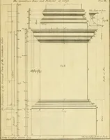 An illustration from The city and country builder's and workman's treasury of designs : or, The art of drawing and working the ornamental parts of architecture. Illustrated by upwards of four hundred grand designs, neatly engraved one hundred and eighty-fix Copper plates, for piers, gates, doors, windowns, niches, buffets, cisterns, chimney pieces, tabernacle frames, pavements, frets, gulochi's, pulpits, types, altar pieces, monuments, fonts, obelisques, pedestals, for sun-dials, busto's and stone tables, book-cafes, cielings and iron works ; proprortioned by Aliquot Pars ; with an appendix of fourteen plates of strusses for girders and beams, different sorts of rafters, and a variety of roofs, &c ; to which are prefix'd the five orders of columns, according to Andrea Palladio ; whose members are apportioned by Aliquot Pars, in a more easy manner, than has yet been done ; the whole interspersed with sure rules for working all the varieties of raking members in pediments, modilions, &c. the like, for the immediate use of workmen, never published before in any language (1741)