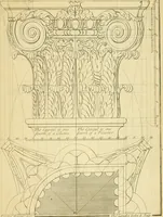 An illustration from The city and country builder's and workman's treasury of designs : or, The art of drawing and working the ornamental parts of architecture. Illustrated by upwards of four hundred grand designs, neatly engraved one hundred and eighty-fix Copper plates, for piers, gates, doors, windowns, niches, buffets, cisterns, chimney pieces, tabernacle frames, pavements, frets, gulochi's, pulpits, types, altar pieces, monuments, fonts, obelisques, pedestals, for sun-dials, busto's and stone tables, book-cafes, cielings and iron works ; proprortioned by Aliquot Pars ; with an appendix of fourteen plates of strusses for girders and beams, different sorts of rafters, and a variety of roofs, &c ; to which are prefix'd the five orders of columns, according to Andrea Palladio ; whose members are apportioned by Aliquot Pars, in a more easy manner, than has yet been done ; the whole interspersed with sure rules for working all the varieties of raking members in pediments, modilions, &c. the like, for the immediate use of workmen, never published before in any language (1741)