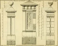 An illustration from The city and country builder's and workman's treasury of designs : or, The art of drawing and working the ornamental parts of architecture. Illustrated by upwards of four hundred grand designs, neatly engraved one hundred and eighty-fix Copper plates, for piers, gates, doors, windowns, niches, buffets, cisterns, chimney pieces, tabernacle frames, pavements, frets, gulochi's, pulpits, types, altar pieces, monuments, fonts, obelisques, pedestals, for sun-dials, busto's and stone tables, book-cafes, cielings and iron works ; proprortioned by Aliquot Pars ; with an appendix of fourteen plates of strusses for girders and beams, different sorts of rafters, and a variety of roofs, &c ; to which are prefix'd the five orders of columns, according to Andrea Palladio ; whose members are apportioned by Aliquot Pars, in a more easy manner, than has yet been done ; the whole interspersed with sure rules for working all the varieties of raking members in pediments, modilions, &c. the like, for the immediate use of workmen, never published before in any language (1741)