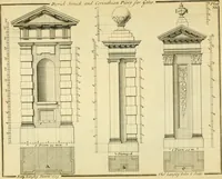An illustration from The city and country builder's and workman's treasury of designs : or, The art of drawing and working the ornamental parts of architecture. Illustrated by upwards of four hundred grand designs, neatly engraved one hundred and eighty-fix Copper plates, for piers, gates, doors, windowns, niches, buffets, cisterns, chimney pieces, tabernacle frames, pavements, frets, gulochi's, pulpits, types, altar pieces, monuments, fonts, obelisques, pedestals, for sun-dials, busto's and stone tables, book-cafes, cielings and iron works ; proprortioned by Aliquot Pars ; with an appendix of fourteen plates of strusses for girders and beams, different sorts of rafters, and a variety of roofs, &c ; to which are prefix'd the five orders of columns, according to Andrea Palladio ; whose members are apportioned by Aliquot Pars, in a more easy manner, than has yet been done ; the whole interspersed with sure rules for working all the varieties of raking members in pediments, modilions, &c. the like, for the immediate use of workmen, never published before in any language (1741)