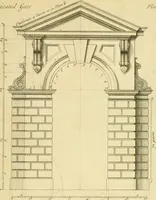An illustration from The city and country builder's and workman's treasury of designs : or, The art of drawing and working the ornamental parts of architecture. Illustrated by upwards of four hundred grand designs, neatly engraved one hundred and eighty-fix Copper plates, for piers, gates, doors, windowns, niches, buffets, cisterns, chimney pieces, tabernacle frames, pavements, frets, gulochi's, pulpits, types, altar pieces, monuments, fonts, obelisques, pedestals, for sun-dials, busto's and stone tables, book-cafes, cielings and iron works ; proprortioned by Aliquot Pars ; with an appendix of fourteen plates of strusses for girders and beams, different sorts of rafters, and a variety of roofs, &c ; to which are prefix'd the five orders of columns, according to Andrea Palladio ; whose members are apportioned by Aliquot Pars, in a more easy manner, than has yet been done ; the whole interspersed with sure rules for working all the varieties of raking members in pediments, modilions, &c. the like, for the immediate use of workmen, never published before in any language (1741)