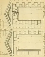 An illustration from The city and country builder's and workman's treasury of designs : or, The art of drawing and working the ornamental parts of architecture. Illustrated by upwards of four hundred grand designs, neatly engraved one hundred and eighty-fix Copper plates, for piers, gates, doors, windowns, niches, buffets, cisterns, chimney pieces, tabernacle frames, pavements, frets, gulochi's, pulpits, types, altar pieces, monuments, fonts, obelisques, pedestals, for sun-dials, busto's and stone tables, book-cafes, cielings and iron works ; proprortioned by Aliquot Pars ; with an appendix of fourteen plates of strusses for girders and beams, different sorts of rafters, and a variety of roofs, &c ; to which are prefix'd the five orders of columns, according to Andrea Palladio ; whose members are apportioned by Aliquot Pars, in a more easy manner, than has yet been done ; the whole interspersed with sure rules for working all the varieties of raking members in pediments, modilions, &c. the like, for the immediate use of workmen, never published before in any language (1741)