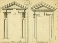 An illustration from The city and country builder's and workman's treasury of designs : or, The art of drawing and working the ornamental parts of architecture. Illustrated by upwards of four hundred grand designs, neatly engraved one hundred and eighty-fix Copper plates, for piers, gates, doors, windowns, niches, buffets, cisterns, chimney pieces, tabernacle frames, pavements, frets, gulochi's, pulpits, types, altar pieces, monuments, fonts, obelisques, pedestals, for sun-dials, busto's and stone tables, book-cafes, cielings and iron works ; proprortioned by Aliquot Pars ; with an appendix of fourteen plates of strusses for girders and beams, different sorts of rafters, and a variety of roofs, &c ; to which are prefix'd the five orders of columns, according to Andrea Palladio ; whose members are apportioned by Aliquot Pars, in a more easy manner, than has yet been done ; the whole interspersed with sure rules for working all the varieties of raking members in pediments, modilions, &c. the like, for the immediate use of workmen, never published before in any language (1741)