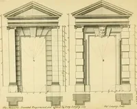 An illustration from The city and country builder's and workman's treasury of designs : or, The art of drawing and working the ornamental parts of architecture. Illustrated by upwards of four hundred grand designs, neatly engraved one hundred and eighty-fix Copper plates, for piers, gates, doors, windowns, niches, buffets, cisterns, chimney pieces, tabernacle frames, pavements, frets, gulochi's, pulpits, types, altar pieces, monuments, fonts, obelisques, pedestals, for sun-dials, busto's and stone tables, book-cafes, cielings and iron works ; proprortioned by Aliquot Pars ; with an appendix of fourteen plates of strusses for girders and beams, different sorts of rafters, and a variety of roofs, &c ; to which are prefix'd the five orders of columns, according to Andrea Palladio ; whose members are apportioned by Aliquot Pars, in a more easy manner, than has yet been done ; the whole interspersed with sure rules for working all the varieties of raking members in pediments, modilions, &c. the like, for the immediate use of workmen, never published before in any language (1741)