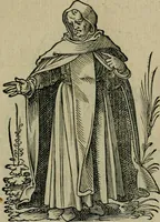 An illustration from Cleri totius Romanae ecclesiae subiecti, seu, Pontificiorvm ordinvm omnivm omnino vtrivsqve sexvs, habitvs, artificiosissimis figuris, quibus Francisci Modii singula octosticha adiecta sunt, nunc primùm à Ivdoco Ammanno expressi: neqve vnquam antehac similiter editi. Addito libello singvlari eivsdem Francisci Modij Brug. in quo cuiusque ordinis ecclesiastici origo, progressus & vestitus ratio breuiter ex variis historicis delineatur (1585)