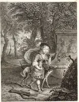 An illustration from Collection de cent-vingt estampes, gravée d'après les tableaux & dessins qui composoient le cabinet de m. Poullain ... précédée d'un abrégé historique de la vie des auteurs qui la composent ... Cette suite a été exécutée sous la direction du sieur Fr. Basan ... par de jeunes artistes des deux sexes, dont les talens se font connoître & accroissent de jour en jour. Le sr. Moitte ... en avoit fait les dessins, d'après les tableaux .. (1781)