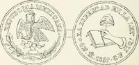 An illustration from The coin book, comprising a history of coinage; a synopsis of the mint laws of the United States; statistics of the coinage from 1792 to 1870; list of current gold and silver coins, and their custom house values; a dictionary of all coins known in ancient and modern times, with their values; the gold and silver product of each state to 1870; list of works on coinage; the daily price of gold from 1862 to 1871. With engravings of the principal coins (1872)