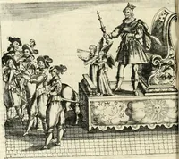 An illustration from Combat d'honneur concerte par les IIII. elemens sur l'heureuse entrée de Madame la duchesse de La Valette en la ville de Metz : ensemble la resiouyssance publicq. concertee par les habitans de la ville, et du pays sur le mesme sujet (1627)