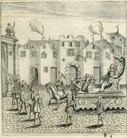 An illustration from Combat d'honneur concerte par les IIII. elemens sur l'heureuse entrée de Madame la duchesse de La Valette en la ville de Metz : ensemble la resiouyssance publicq. concertee par les habitans de la ville, et du pays sur le mesme sujet (1627)