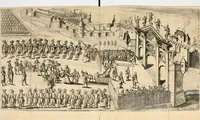 An illustration from Combat d'honneur concerte par les IIII. elemens sur l'heureuse entrée de Madame la duchesse de La Valette en la ville de Metz : ensemble la resiouyssance publicq. concertee par les habitans de la ville, et du pays sur le mesme sujet (1627)