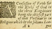 An illustration from The Confession of Faith, and the Larger and Shorter Catechisme : first agreed upon by the Assembly of Divines at Westminster, and now approved by the Generall Assembly of the Kirk of Scotland, to be a part of uniformity in religion, between the kirks of Christ in the three kingdoms. Together with the Solemn league and covenant of the three kingdoms (1651)