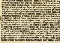 An illustration from Conqueste van Indien. : De wonderlijcke ende warachtighe historie vant coninckrijck van Peru, gheleghen in Indien, inde welcke verhaelt wordt de gelegentheydt, costuymen, manieren van leuen, ouervloedicheyt des gouts ende siluers, ende voorts alle de sonderlingste dinghen vanden seluen lande. Insgelijcks vanden steden, plaetsen ende inwoonders desselfs coninckrijcx, daer beneue[n] hoet gevonden ende eerst by de keyserlijcke mayesteyt hoochloflijcker memorien gheconquesteert ende vercreghen is, met alle de oorlogen ende strijden die ghebuert [sic] zijn, soo teghens d'Indianen als oock om tgoevernement d'een teghens den anderen (1596)