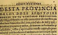 An illustration from Constituciones de los F. Menores desta Provincia delos doze Apostoles del Piru. : Reformadas en el capitulo prouincial celebrado en la ciudad de los Reyes por por [sic] el mes de agosto. año MDCI (1601)