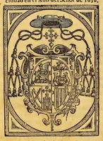 An illustration from Constituciones synodales del Ar{u0063}obispado de los Reyes en el Piru. Hechas, y ordenadas por el ilustrissimo, y reuerendissimo señor doctor don Fernando Arias de Vgarte arcobispo desta ciudad de los Reyes, del consejo de su Magestad. Publicadas en la synodo diocesana que su señoria ilustrissima celebró en la dicha ciudad en el año del señor de 1636. (1637)