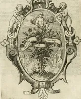 An illustration from Const-thoonende juweel, by de loflijcke stadt Haerlem, ten versoecke van Trou moet blijcken, in't licht gebracht : waer inne duydelick verclaert ende verthoont wordt alles wat den mensche mach wecken om den armen te troosten, ende zijnen naesten by te staen : in tvvaelf spelen van sinne, soo veel intreden, refereynen ende liedekens ghestelt in redenrijck naer de volgende voorgegevene caerte van 'tSpeel-korenken (1607)