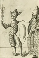 An illustration from Const-thoonende juweel, by de loflijcke stadt Haerlem, ten versoecke van Trou moet blijcken, in't licht gebracht : waer inne duydelick verclaert ende verthoont wordt alles wat den mensche mach wecken om den armen te troosten, ende zijnen naesten by te staen : in tvvaelf spelen van sinne, soo veel intreden, refereynen ende liedekens ghestelt in redenrijck naer de volgende voorgegevene caerte van 'tSpeel-korenken (1607)