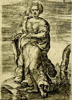 An illustration from Const-toonneel, inhoudende de beschrijvinghe ende XL. heerlijcke afbeeldindinghen onses Heeren Jesu Christi, met sijne apostelen, ende evangelisten, midtsgaders de hooft-deuchden ende ondeuchden. Ende ten laetsten de seven planeten. In coper gesneden door Johannis Wierix. De beschrijvinge is vergadert wt de H. Schrift ende soander soermaerde autheuren tot stichtinghe ende soermakinghe aller menschen, door N.D.C (1609)