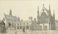 An illustration from Contrasts ; or, A parallel between the noble edifices of the middle ages, and corresponding buildings of the present day, shewing the present decay of taste ; accompanied by appropriate text (1841)