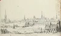 An illustration from Contrasts ; or, A parallel between the noble edifices of the middle ages, and corresponding buildings of the present day, shewing the present decay of taste ; accompanied by appropriate text (1841)
