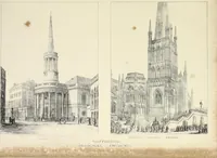 An illustration from Contrasts ; or, A parallel between the noble edifices of the middle ages, and corresponding buildings of the present day, shewing the present decay of taste ; accompanied by appropriate text (1841)