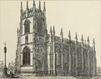 An illustration from Contrasts ; or, A parallel between the noble edifices of the middle ages, and corresponding buildings of the present day, shewing the present decay of taste ; accompanied by appropriate text (1841)
