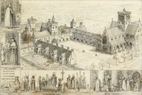 An illustration from Contrasts ; or, A parallel between the noble edifices of the middle ages, and corresponding buildings of the present day, shewing the present decay of taste ; accompanied by appropriate text (1841)