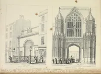 An illustration from Contrasts ; or, A parallel between the noble edifices of the middle ages, and corresponding buildings of the present day, shewing the present decay of taste ; accompanied by appropriate text (1841)