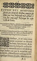 An illustration from Coppie des Memoires secrets en forme de Missiue : enuoyees de Bloys par vn Polytique mal-asseuré à vn sien amy aussi Polytique de ceste ville de Paris. Auec la responce laquelle a esté descouuerte sur vn Lacquais sortant de ceste ville, lequel a donné l'addresse dudict Polytique, au logis duquel ledicts Memoires ont esté trouuez. Comme sõmairement & au vray l'Estat auquel presentement sont les affaires du Roy, & de l'vnyon Catholique & Generalle de France. (1589)
