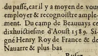 An illustration from Coppie d'vne lettre escripte par le Roy de Nauarre surprinse au corrier à Pontallier à Montaigne, aux illustrissimes seigneurs de la republicque de Berne. (1589)