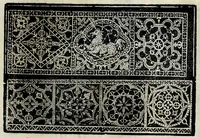 An illustration from Corona delle nobili et virtvose donne : libro primo [-qvarto] : nel quale si dimostra in varij dissegni; tutte le sorti di mostre di punti tagliati, punti in aria, punti a reticello, e d'ogni altra sorte, cosi per freggi, come per merli, & rosette, che con l'aco si vsano hoggidi per tutta l'Europa : et molte delle quali mostre posono seruire ancora per opere à mazzete : con le dechiarationi a le mostre a' lavouri (1625)