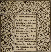 An illustration from The courtier of Count Baldessar Castilio : deuided into foure books : verie necessarie and profitable for young gentlemen and gentlewomen abiding in court, pallace, or place (1588)