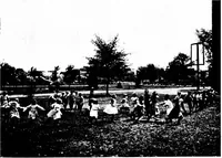 An illustration from Play, comprising games for the kindergarten, playground, schoolroom and college; how to coach and play girls' basket-ball, etc (1918)