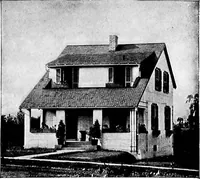An illustration from The housing book; containing photographic reproductions, with floor plans of workingmen's homes. One and two family houses of frame, brick, stucco and concrete construction; also four, six and nine family apartments. Showing single houses, groups and developments that have been built in various parts of the United States (1919)