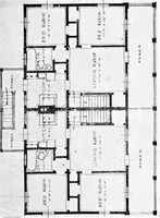An illustration from The housing book; containing photographic reproductions, with floor plans of workingmen's homes. One and two family houses of frame, brick, stucco and concrete construction; also four, six and nine family apartments. Showing single houses, groups and developments that have been built in various parts of the United States (1919)