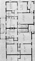 An illustration from The housing book; containing photographic reproductions, with floor plans of workingmen's homes. One and two family houses of frame, brick, stucco and concrete construction; also four, six and nine family apartments. Showing single houses, groups and developments that have been built in various parts of the United States (1919)