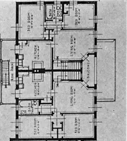 An illustration from The housing book; containing photographic reproductions, with floor plans of workingmen's homes. One and two family houses of frame, brick, stucco and concrete construction; also four, six and nine family apartments. Showing single houses, groups and developments that have been built in various parts of the United States (1919)