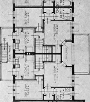 An illustration from The housing book; containing photographic reproductions, with floor plans of workingmen's homes. One and two family houses of frame, brick, stucco and concrete construction; also four, six and nine family apartments. Showing single houses, groups and developments that have been built in various parts of the United States (1919)