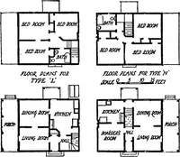 An illustration from The housing book; containing photographic reproductions, with floor plans of workingmen's homes. One and two family houses of frame, brick, stucco and concrete construction; also four, six and nine family apartments. Showing single houses, groups and developments that have been built in various parts of the United States (1919)