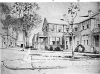 An illustration from The housing book; containing photographic reproductions, with floor plans of workingmen's homes. One and two family houses of frame, brick, stucco and concrete construction; also four, six and nine family apartments. Showing single houses, groups and developments that have been built in various parts of the United States (1919)