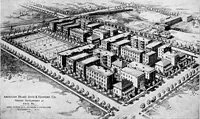An illustration from The housing book; containing photographic reproductions, with floor plans of workingmen's homes. One and two family houses of frame, brick, stucco and concrete construction; also four, six and nine family apartments. Showing single houses, groups and developments that have been built in various parts of the United States (1919)