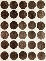 An illustration from Monograph of United States cents and half cents issued between the years 1793 and 1857: to which is added a table of the principal coins, tokens, jetons, medalets, patterns of coinage and Washington pieces, generally classified under the head of colonial coins. A contribution to the numismatic history of the United States (1879)