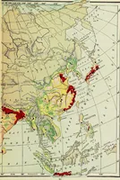 An illustration from Hammond's business atlas of economic geography: a new series of maps showing: relief of the land, temperature, rainfall, natural vegetation, productive and non-productive regions, mineral products, agricultural products, distribution of population, etc., etc (1921)